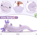 Purple axolotl plush toy with features highlighted on a white background