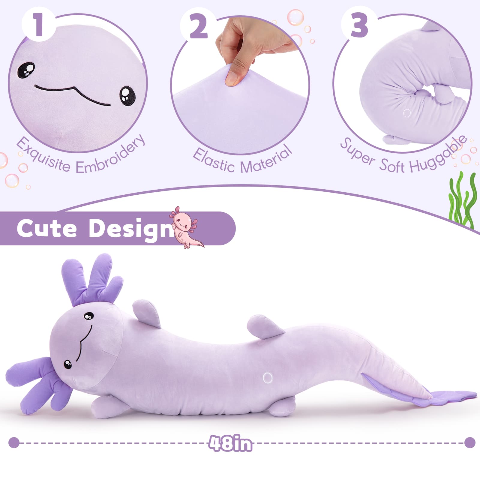 Giant Cozy Axolotl Long Throw Pillow, Red/Pink/Mint Green/Blue, 48 Inches