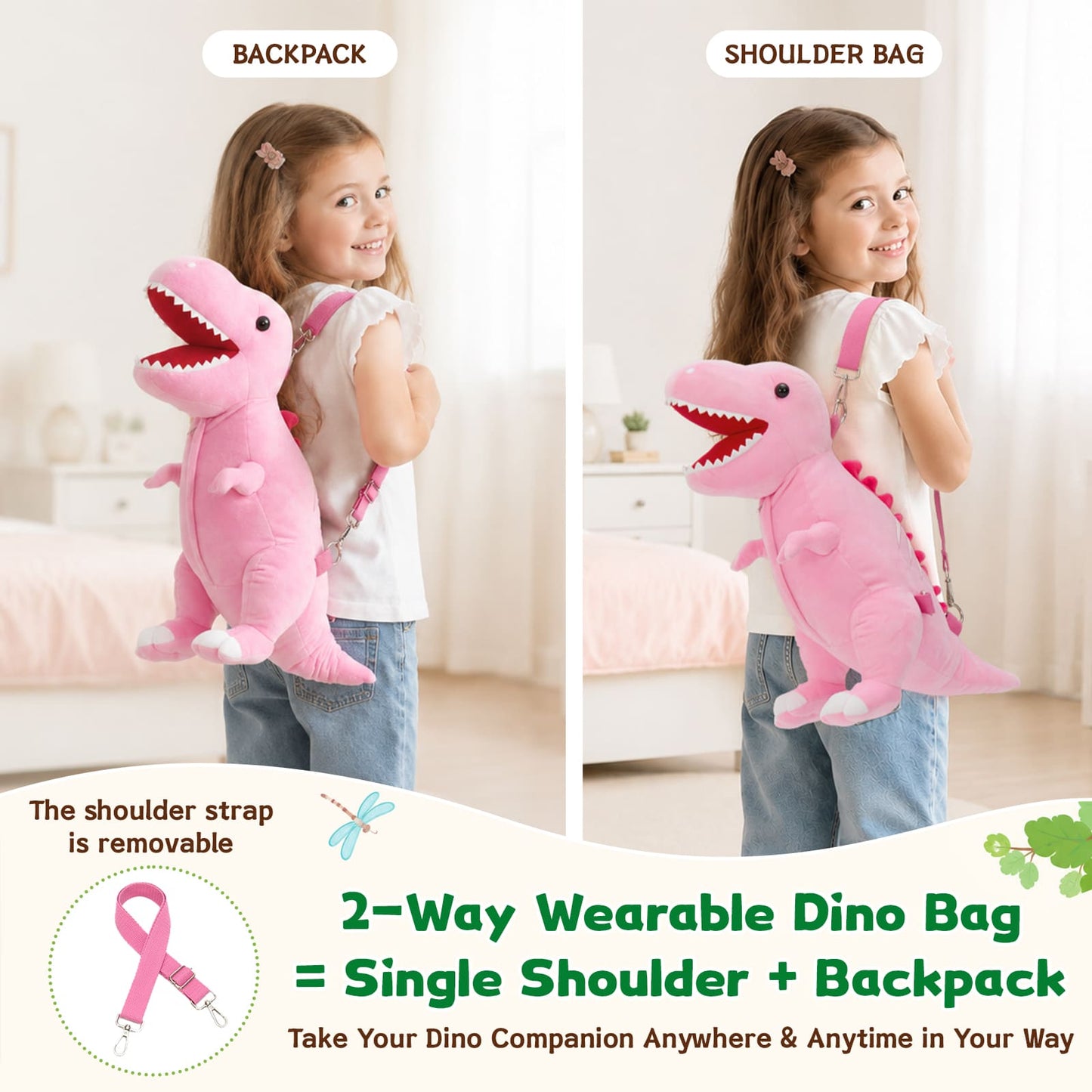 Kawaii pink dinosaur plush backpack toy set with baby dinosaurs and eggs, lightweight travel and daycare bag for kids