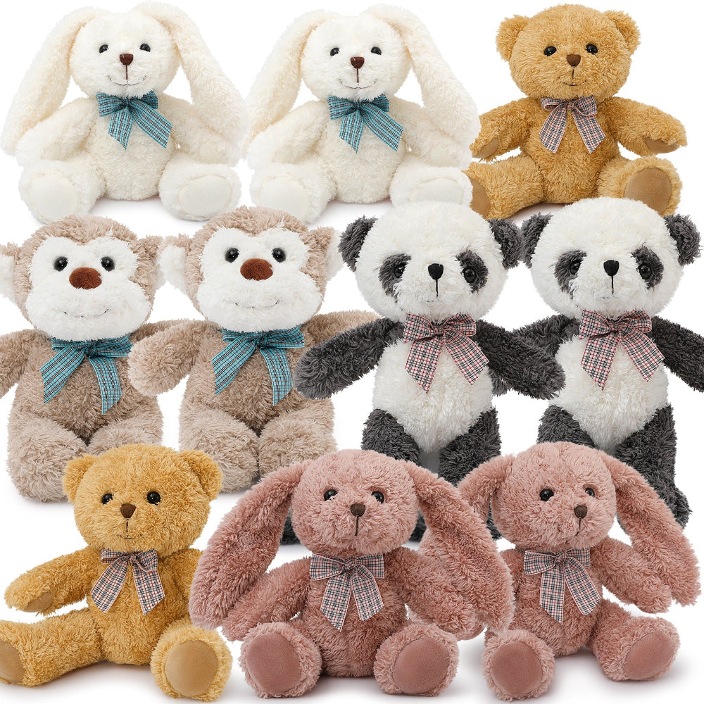 10 Packs 12 Inch Animal Plush Toy Assortment - Baby Shower Centerpiece Decoration - Small Stuffed Animal Bulk for Kids, Carnival Prizes, School Gifts, Valentine's Day Party Favors - Panda Bunny Monkey Teddy Bear Cat Dog Plush Doll Set