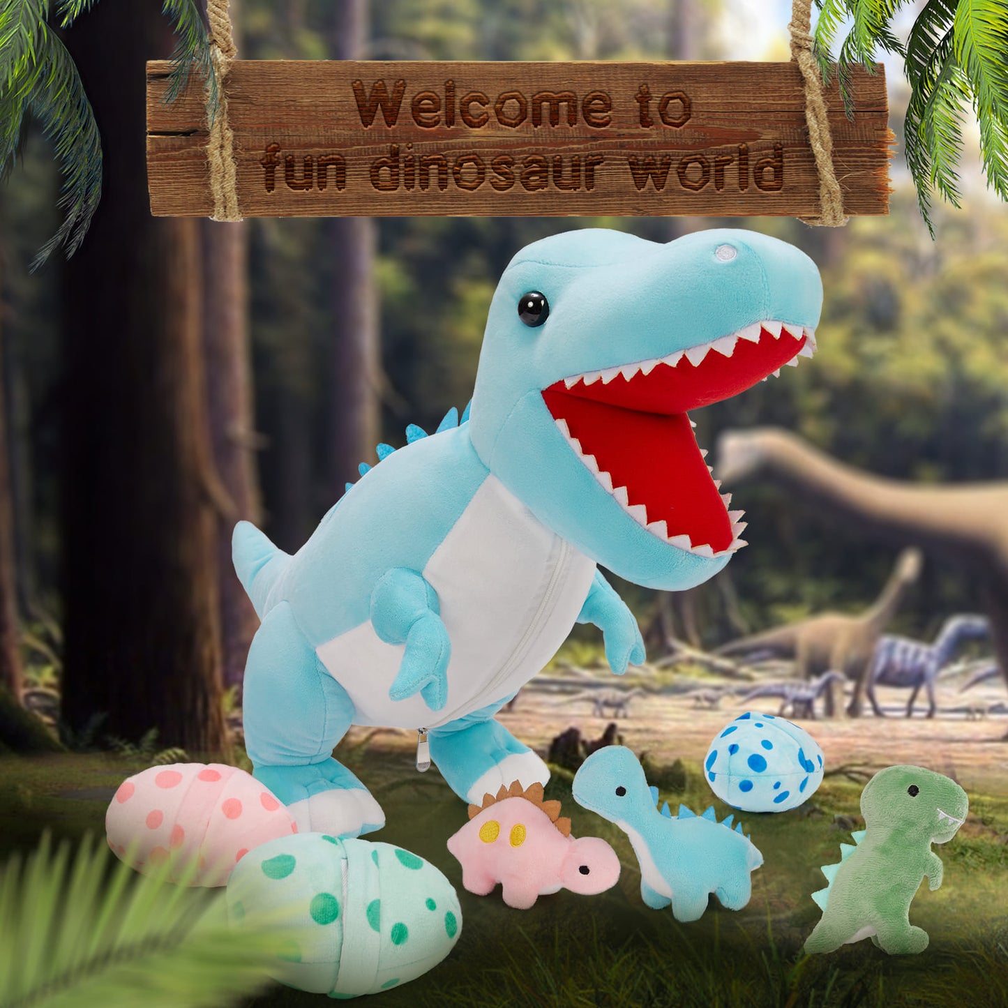 Jouet en peluche dinosaure avec 3 bébés dinosaures, 23,6 pouces