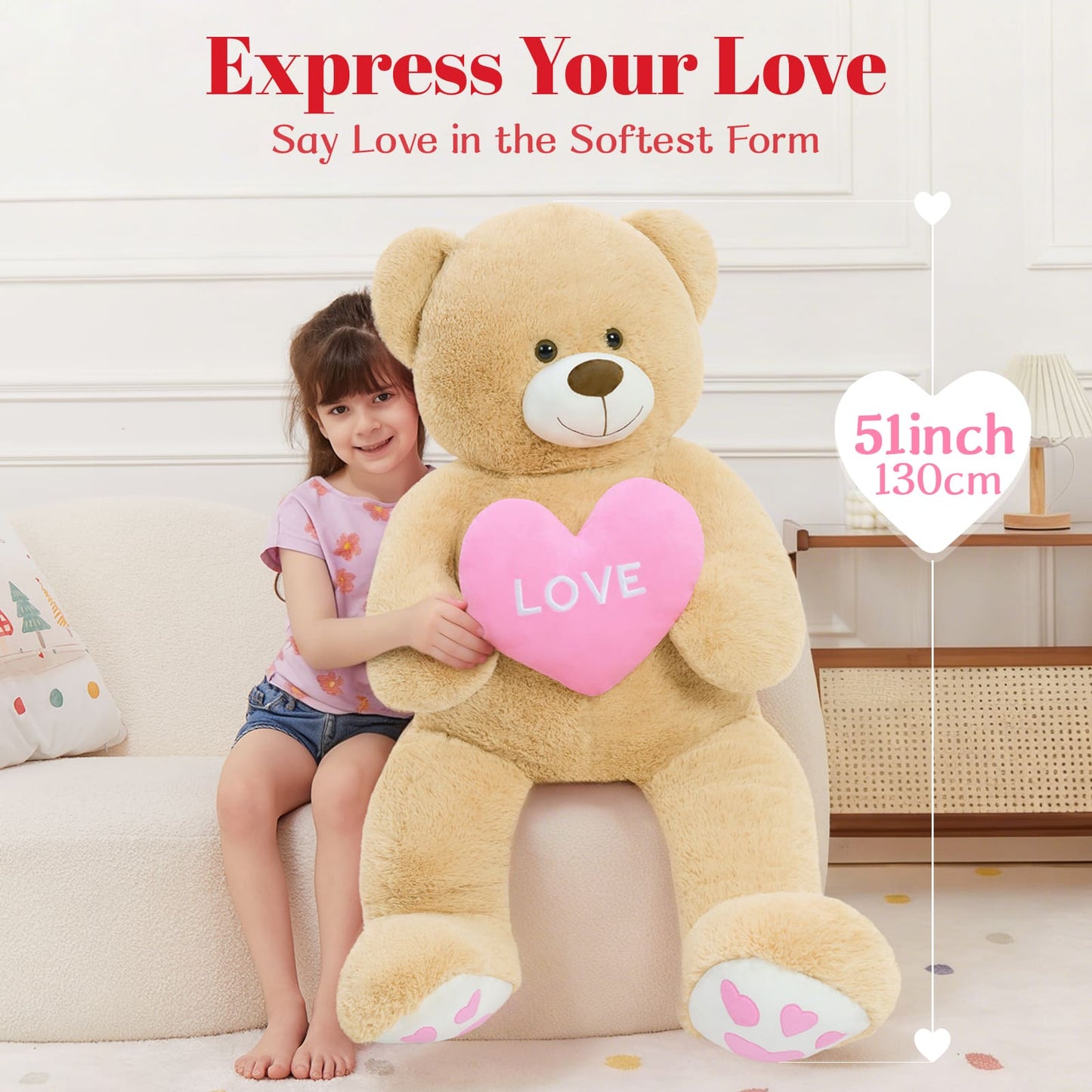 51 inch giant teddy bear holding pink love heart, oversized soft plush teddy bear gift for Valentine’s Day, anniversary, and romantic occasions