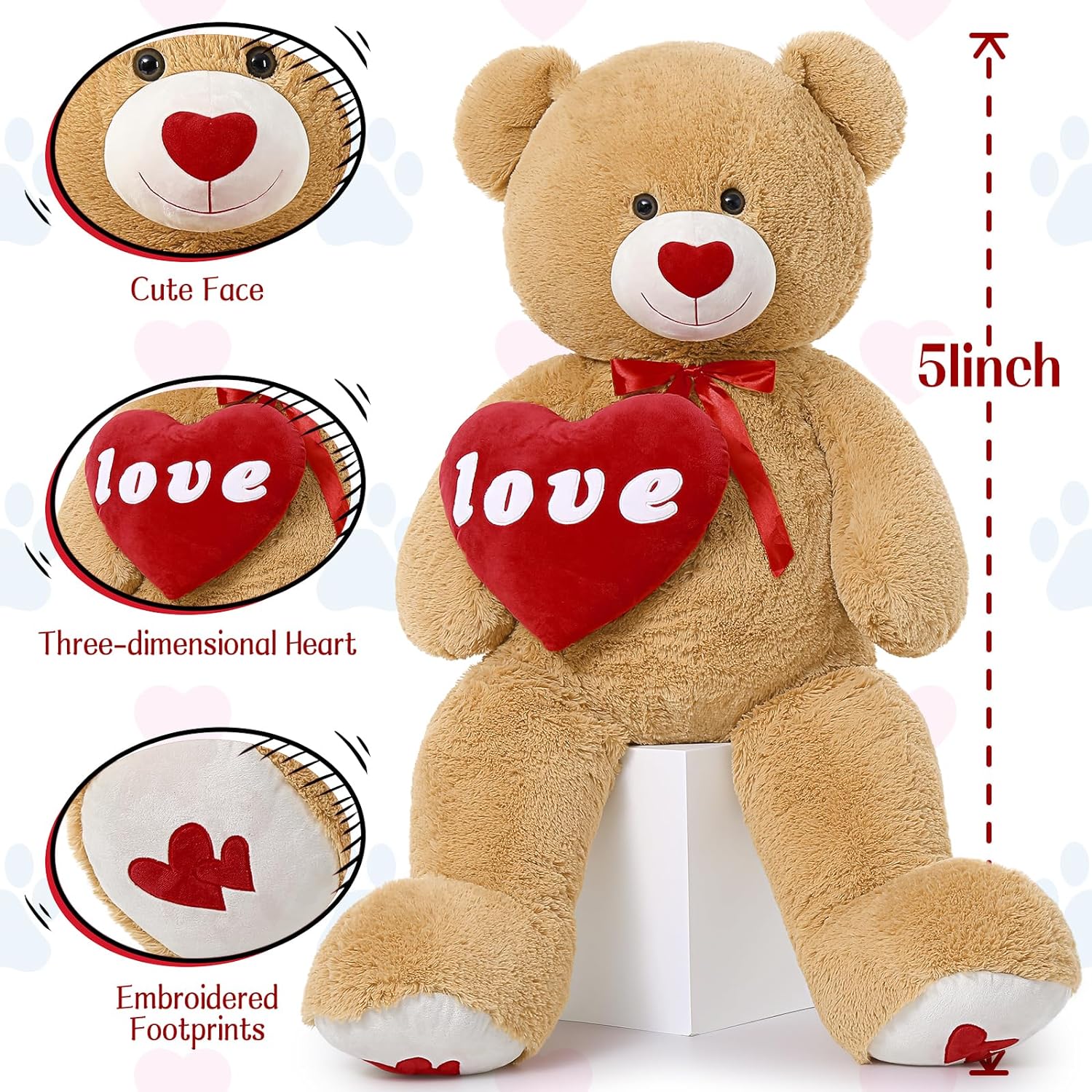 Valentine's Day Teddy Bear Stuffed Animals - Giant 5 FT Brown Teddy Bear Plush Toys with Red Heart - Valentine's Day Gift for Girlfriend/Boyfriend - Fluffly Cuddly Plushy Fluffy Toy - Cute Teddy Bear Plush Pillows for Kids - Christmas/Birthday Gift for Children/Teens/Adults - Romantic Anniversary Gift for Wife/Husband - Free Shipping