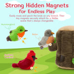 Magnetic bird plush toys perched on the tree stump branches like real birds.