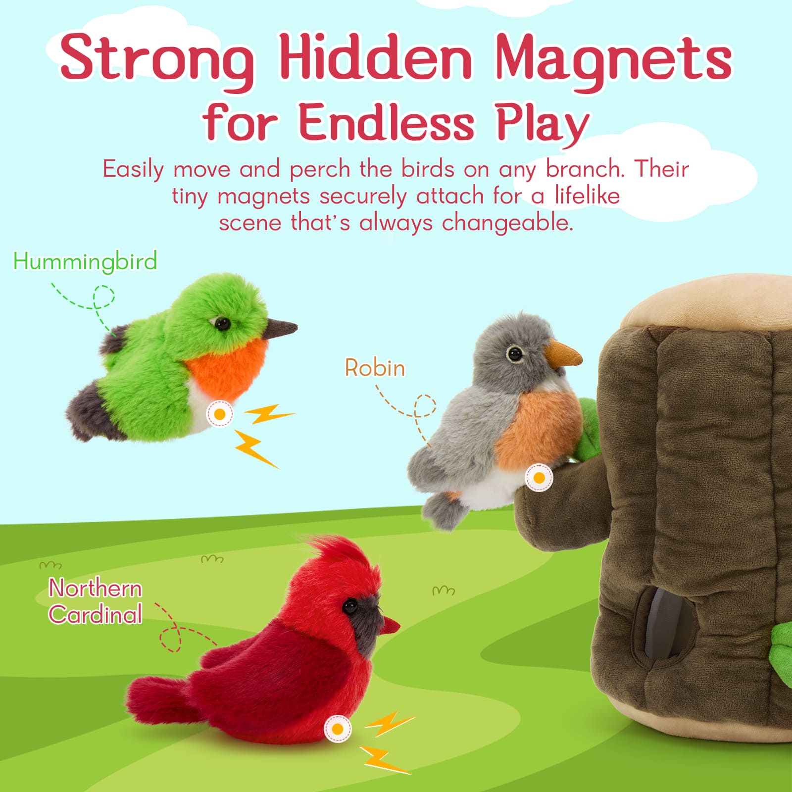 Magnetic bird plush toys perched on the tree stump branches like real birds.