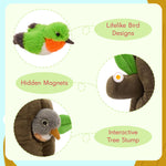 Bird and egg plush toys hiding inside soft tree stump holes for peekaboo play.