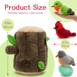 25 cm tree stump plush toy set with three 17 cm bird plushies and an egg, featuring magnetic branches and a zippered pouch.