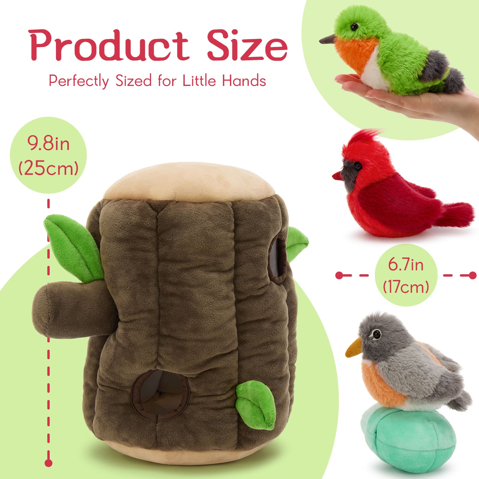 25 cm tree stump plush toy set with three 17 cm bird plushies and an egg, featuring magnetic branches and a zippered pouch.