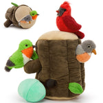 Tree stump plush toy set with three bird plushies and one egg, featuring magnetic branches and a zippered pouch base.
