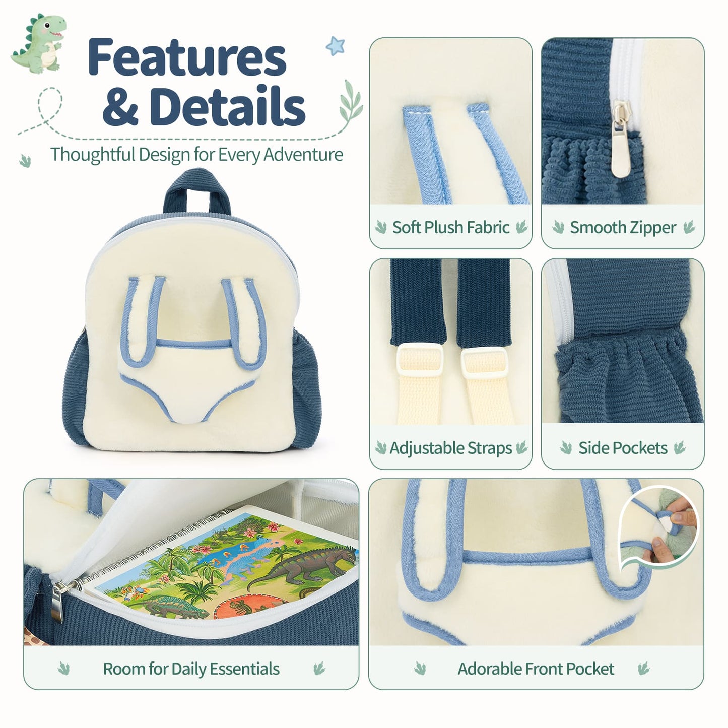 Dinosaur Toddler Backpack Plush Bag with Detachable Toys