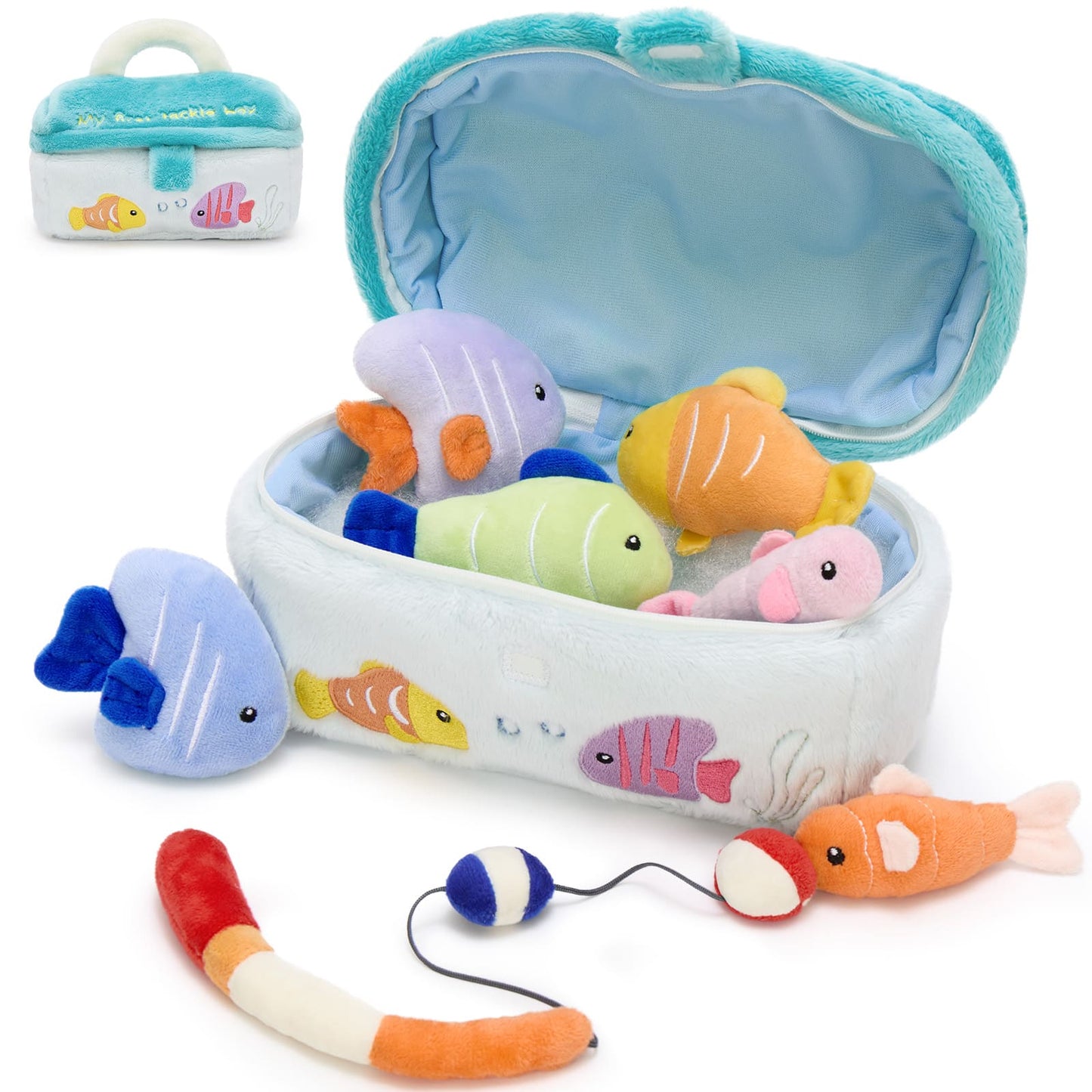 Soft plush fishing toy set for toddlers with colorful fish toys, fishing rod, and blue storage tackle box designed for pretend play and early learning.