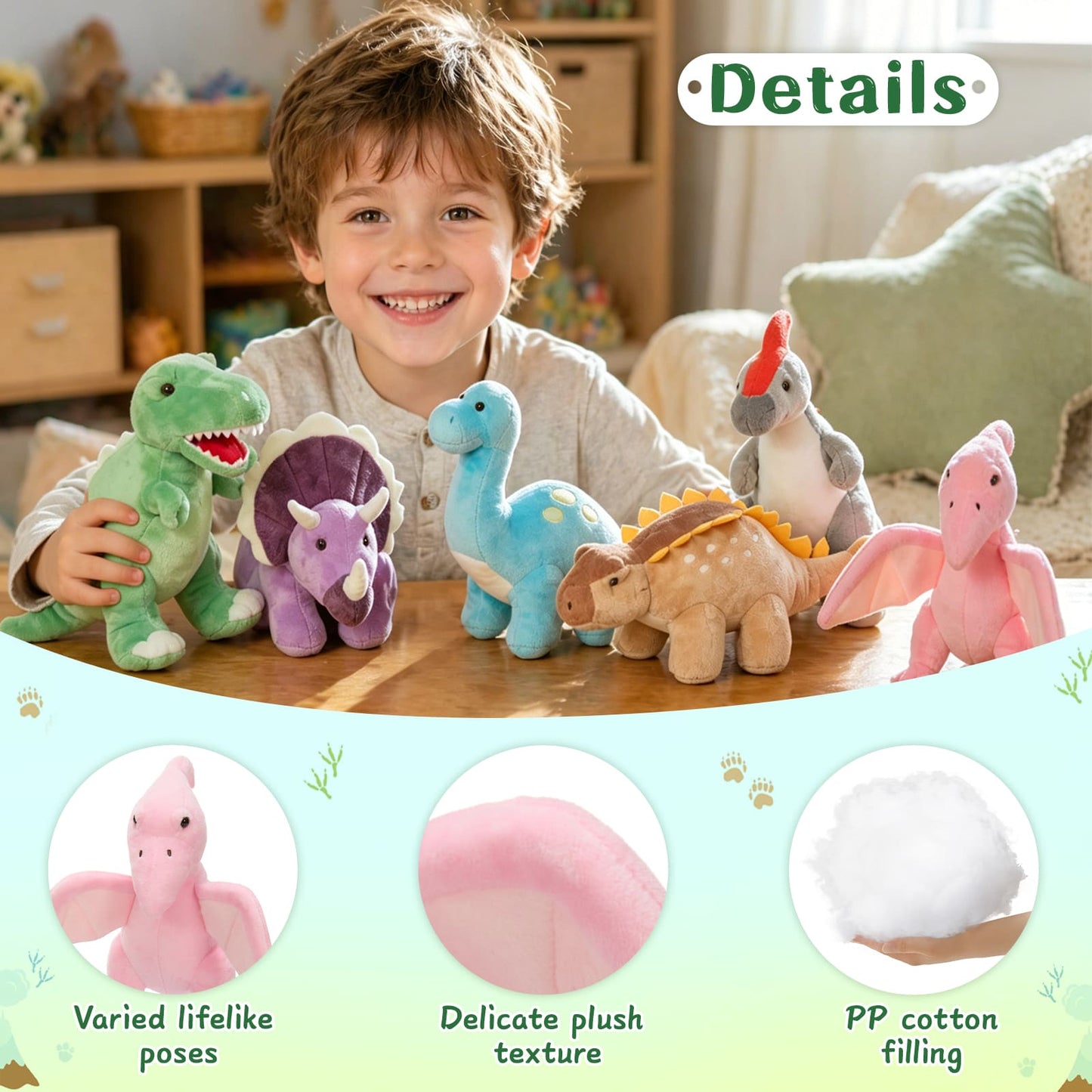 Cute stuffed dinosaur animal set for toddlers, gifts, party favors, and nursery decor