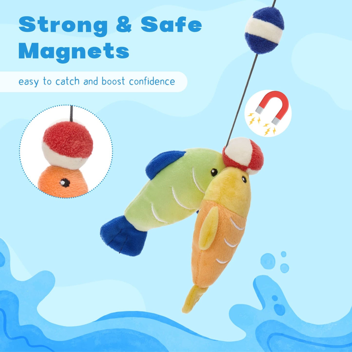 Kids plush fishing playset with soft fish toys inside a blue tackle box including a toy fishing rod for interactive toddler play.