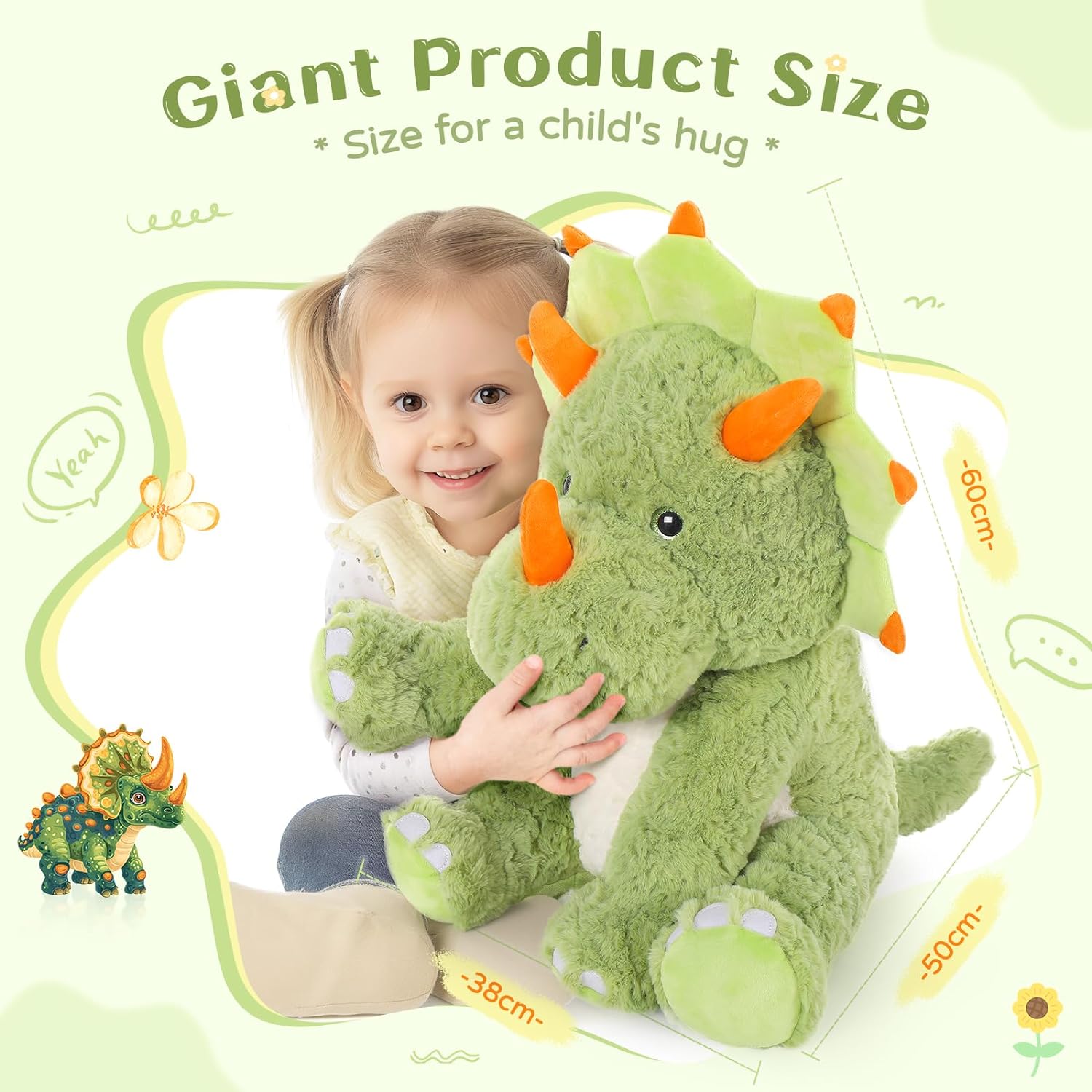 Triceratops Plush Toy - Dino Stuffed Animals, 23.6 Inches - Big Green Dino Plush Toys - Cute Cartoon Dinosaur Plush Pillows for Kids - Jurassic Park Stuffed Animals - Christmas/Birthday/Valentine's Day/Baby Shower Gift for Kids Teens Adults