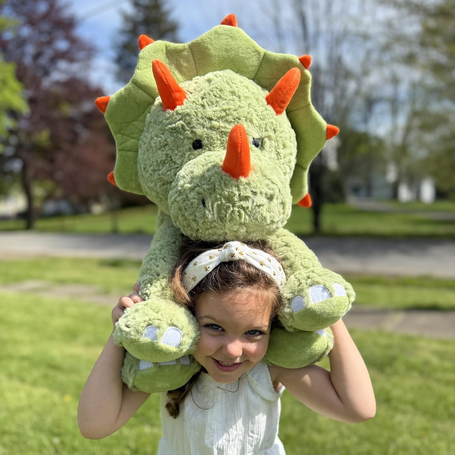 Triceratops Plush Toy Dino Stuffed Animals, Green/Pink, 23.6 Inches