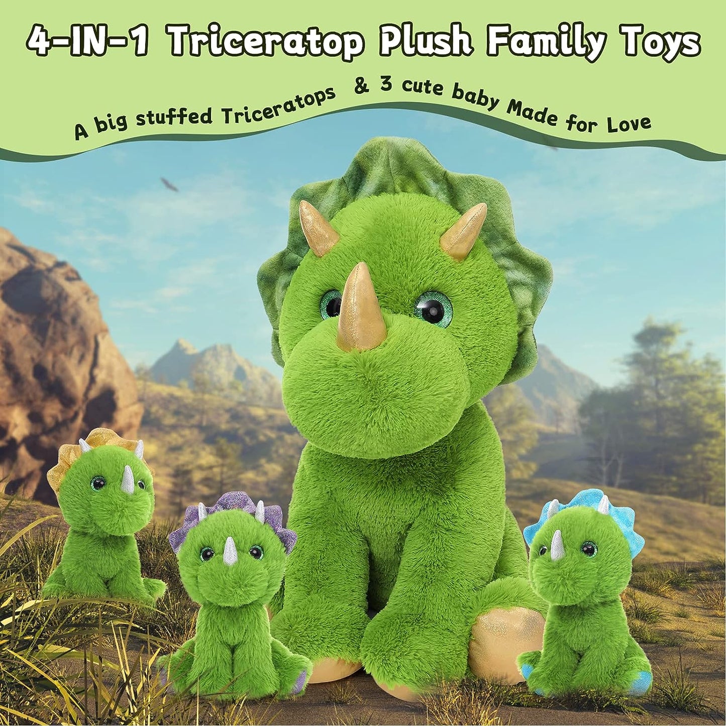 Triceratops Stuffed Animals Bulk - 4 Pcs Green Dinosaur Plush Toys - Stuffed Animal Babies with Their Mom - Mini Dinosaur Babies Plush for Little Girls Boys - Kids Jurassic Park Pretend Play Games
