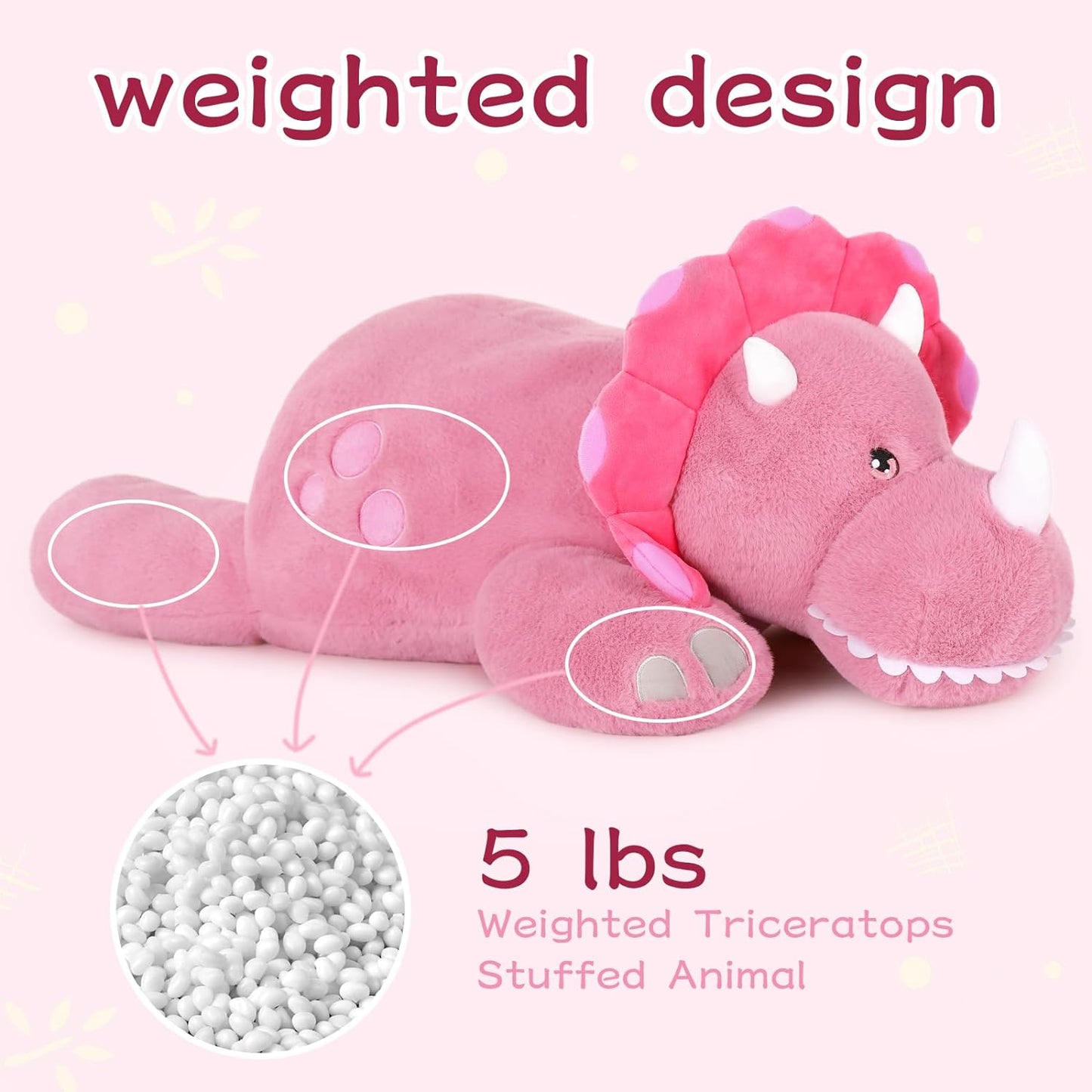 Triceratops Glow-in-the-dark Weighted Plush Toy, Pink, 31.5 Inches - MorisMos Stuffed Toys