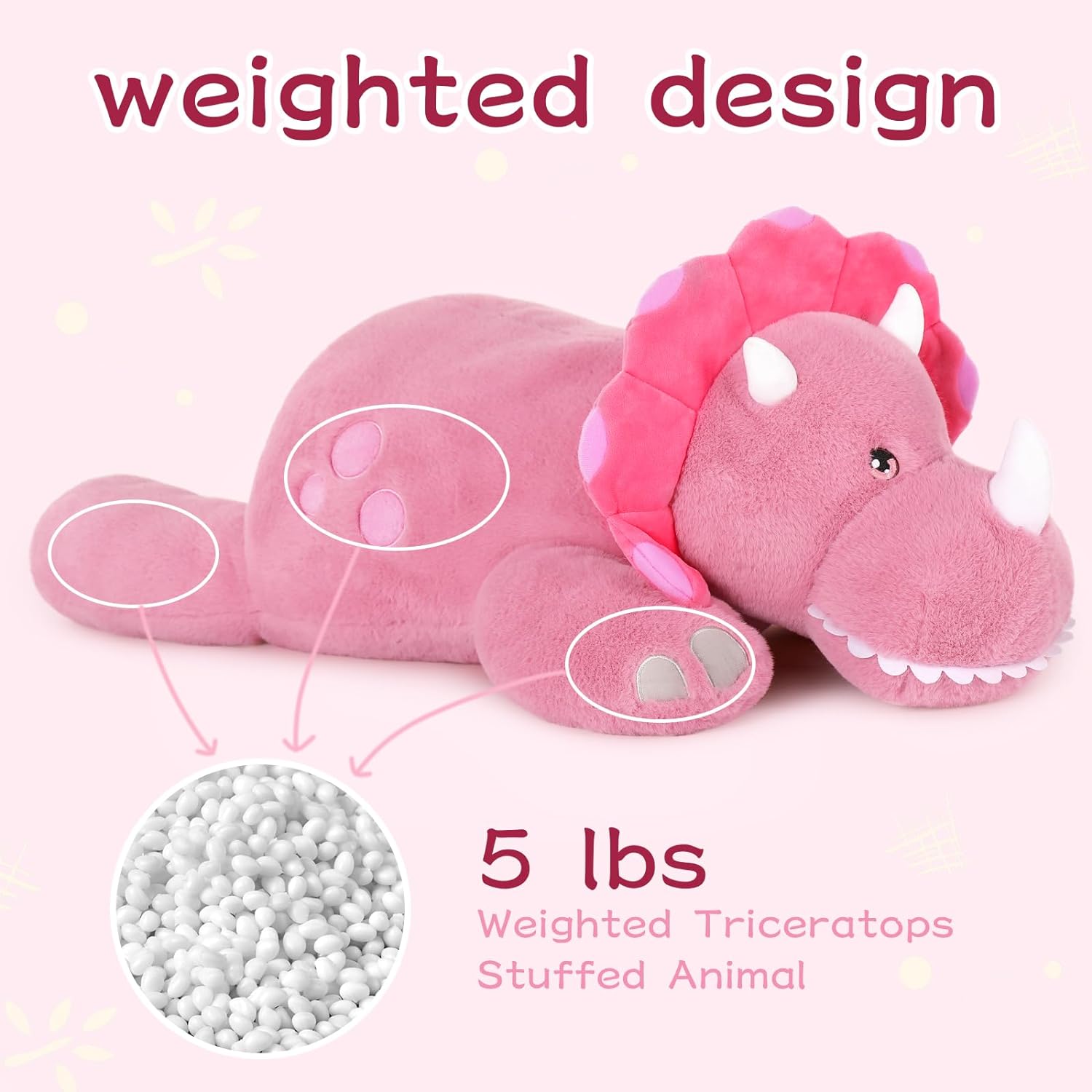 Triceratops Glow-in-the-dark Weighted Plush Toy, Pink, 31.5 Inches