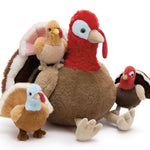 Turkey Squad plush set with one large turkey and three small baby turkey stuffed toys, soft and cuddly, perfect for Thanksgiving or gift giving.