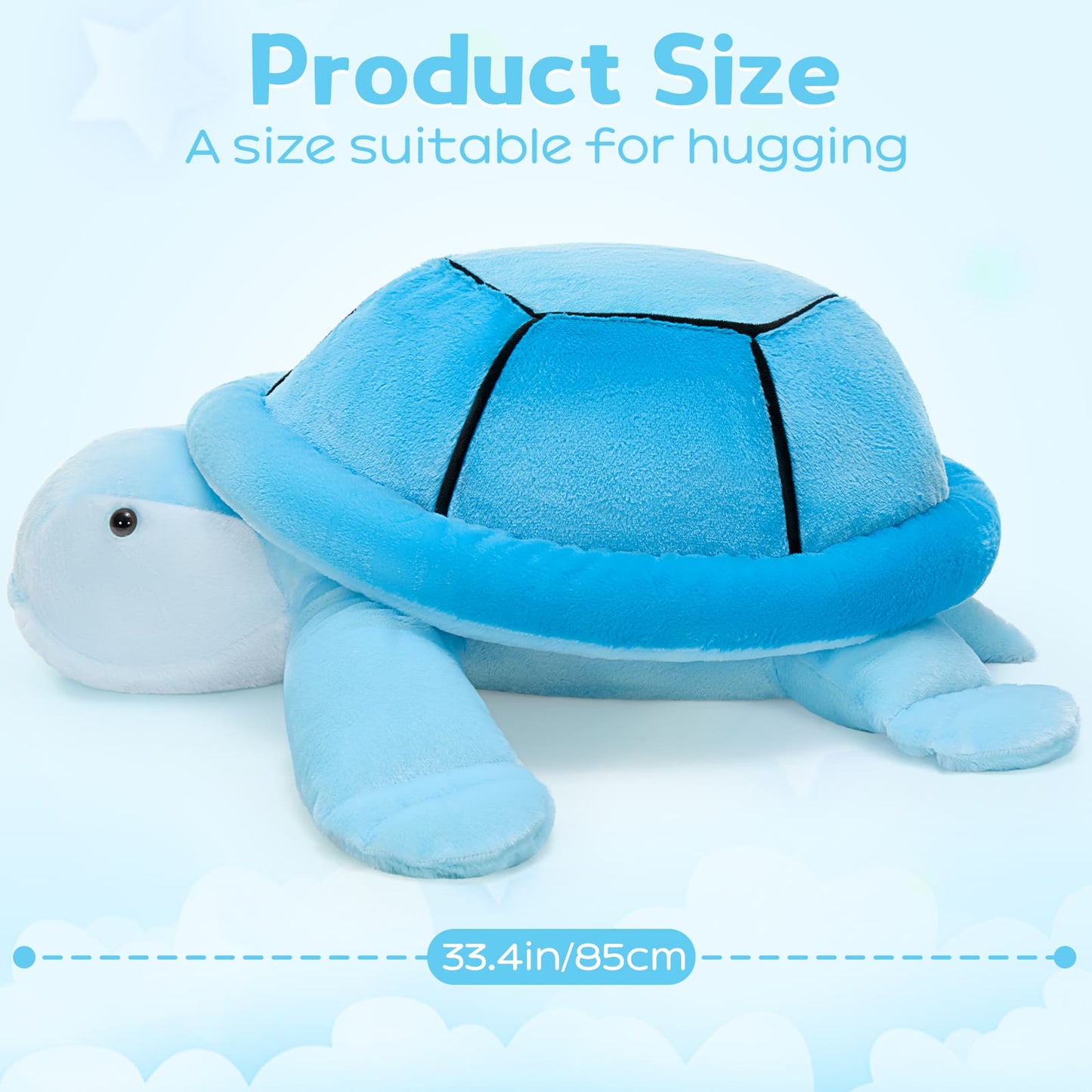 Oversized soft turtle stuffed animal in bright and light blue tones, photographed against a pastel blue background with the words “Product Size” and “A size suitable for hugging,” showing the plush turtle’s domed shell, smooth fabric texture, four flippers, rounded white face, black bead eye, and measurement label reading 33.4 in / 85 cm across the bottom.