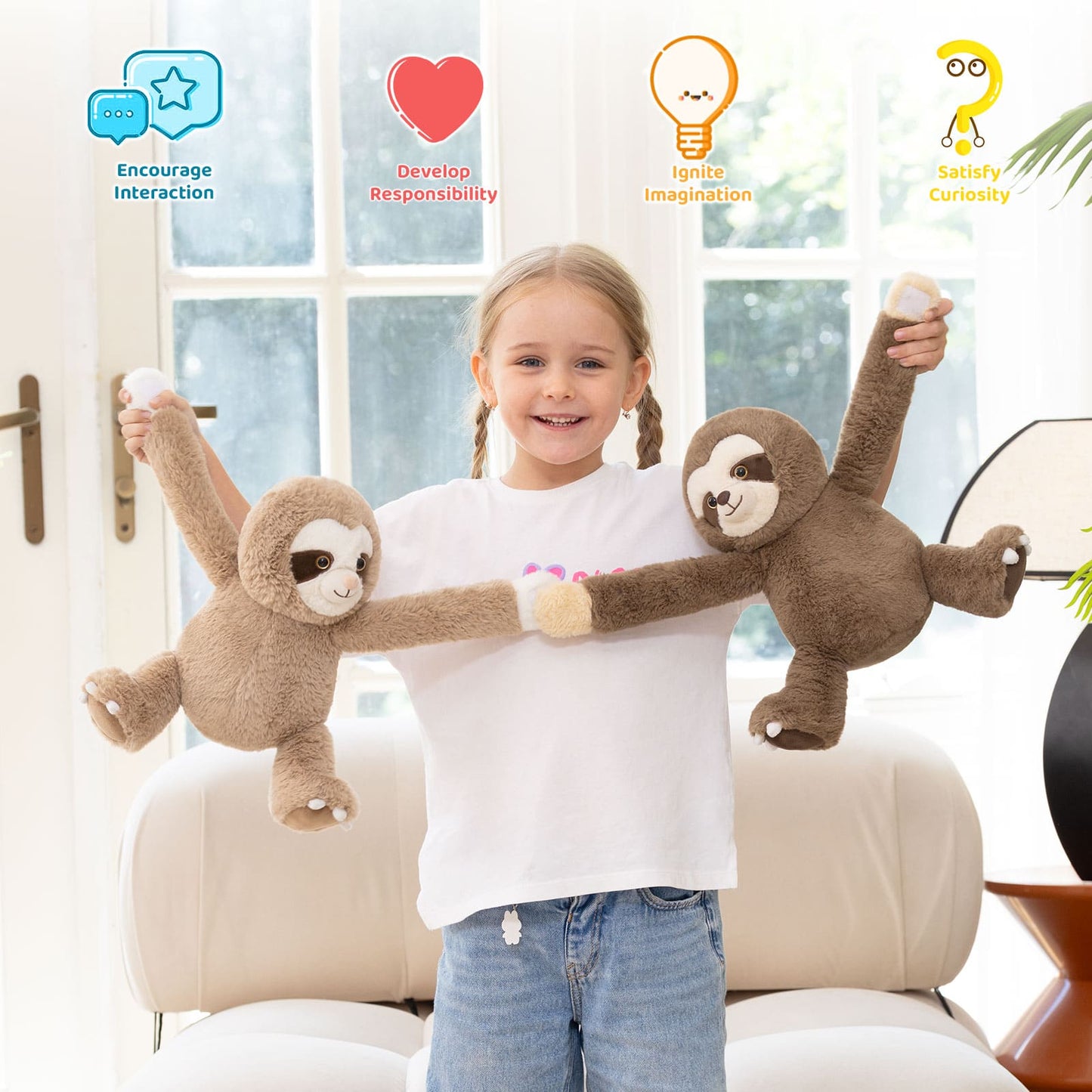 Child holding two sloth plush toys with educational icons above