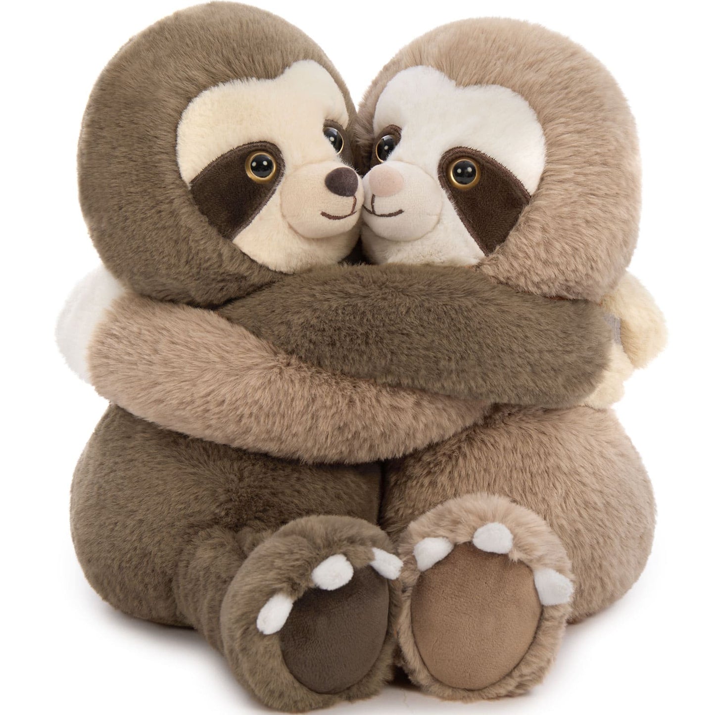 Two plush sloths hugging each other on a white background