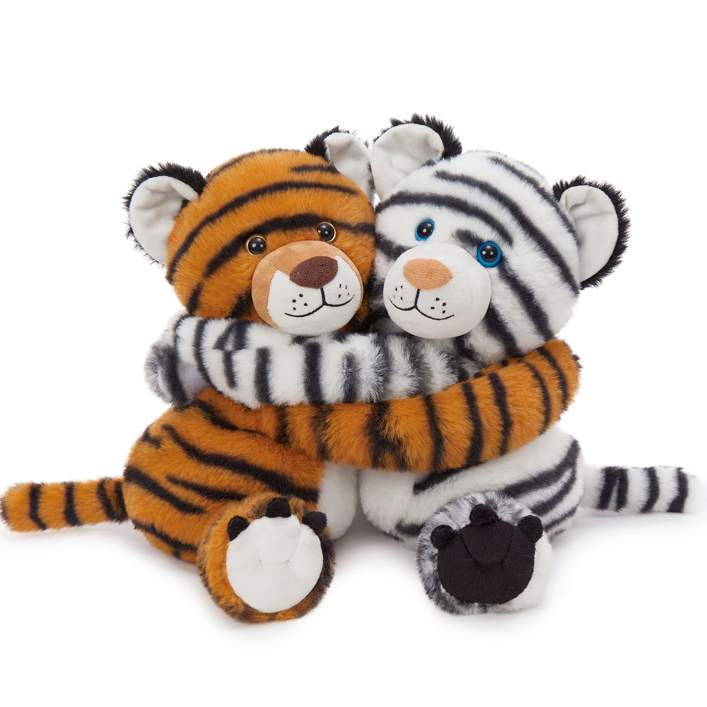 Plush tiger and zebra toy hugging each other on a white background