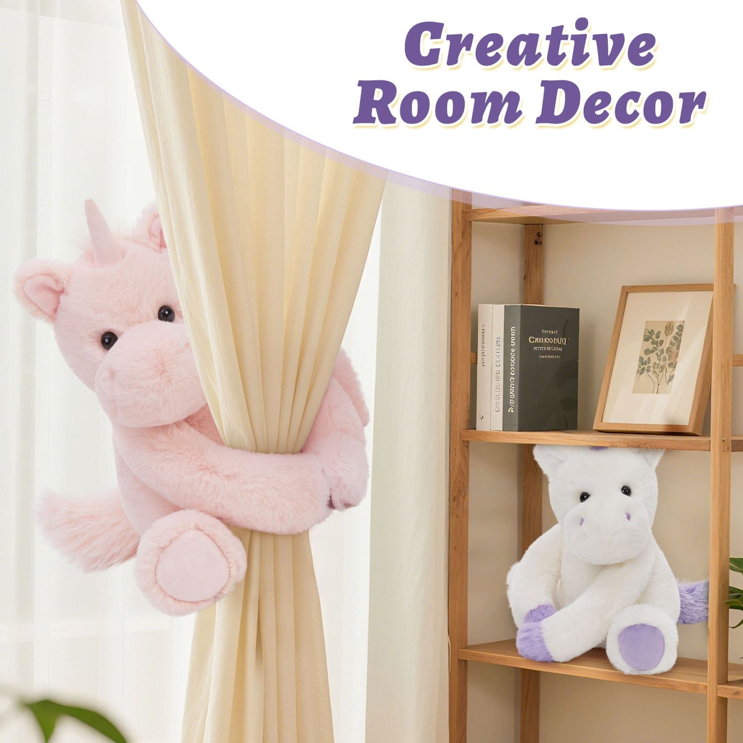 Pink unicorn curtain tieback and white unicorn plush toy on a shelf with 'Creative Room Decor' text.