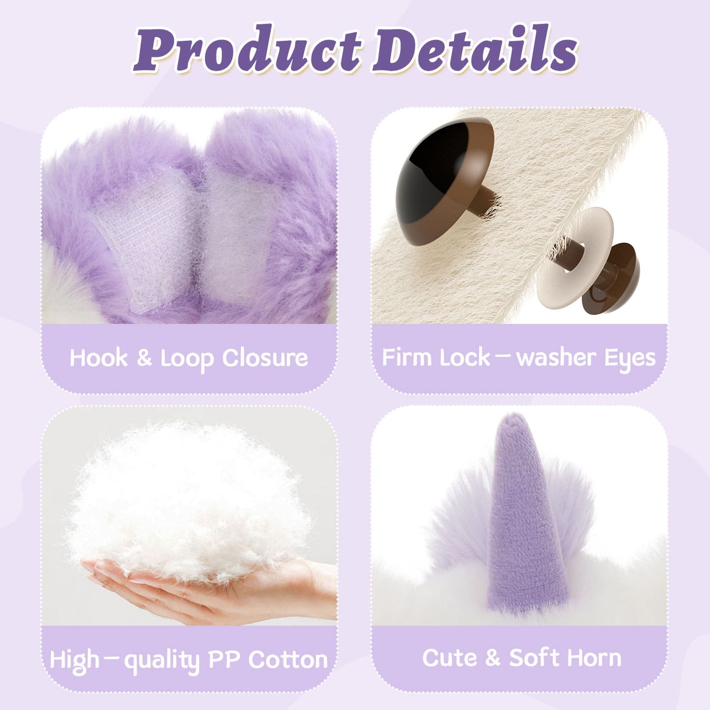 Product details of a plush toy with hook and loop closure, firm lock washer eyes, high-quality PP cotton, and cute soft horn on a purple background.