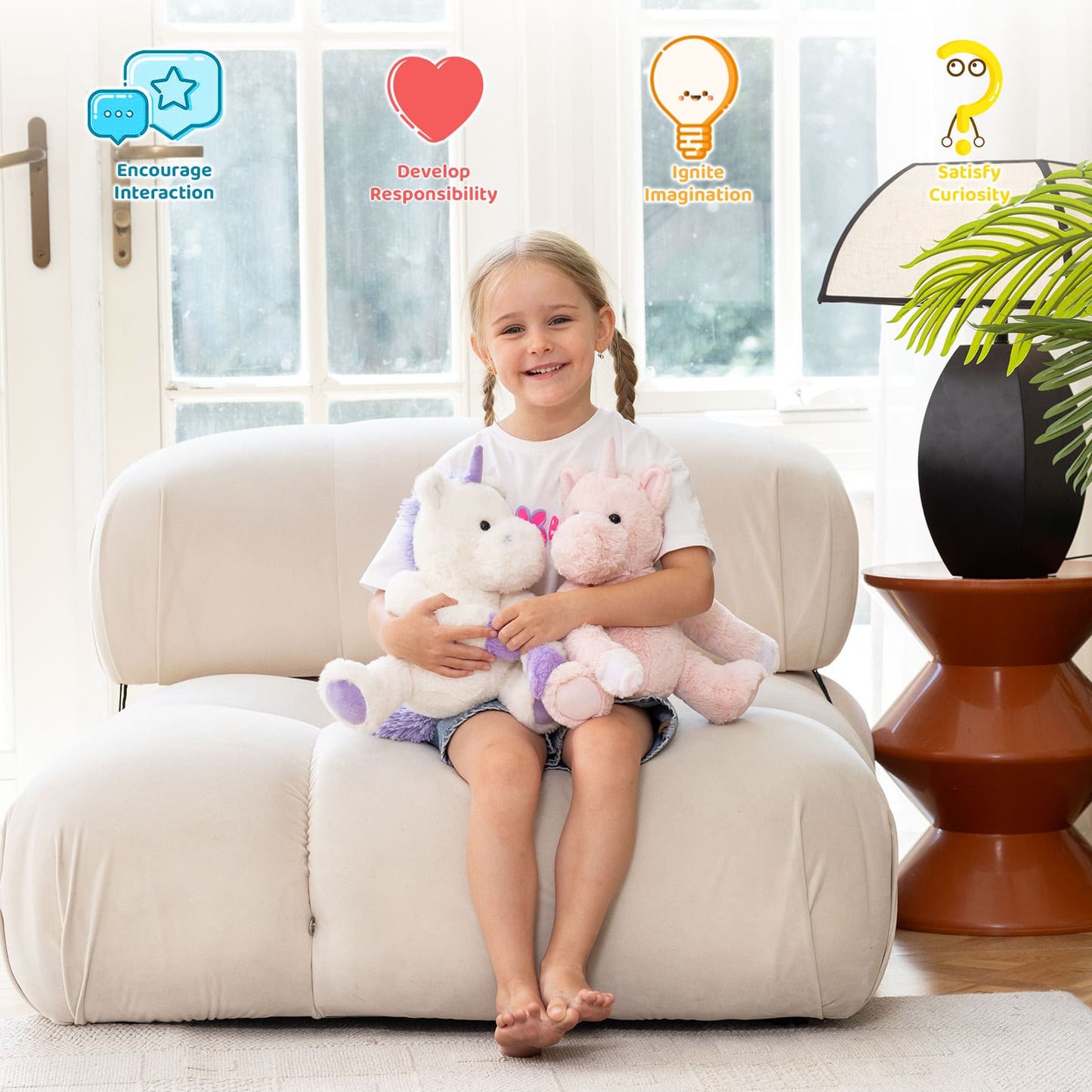 Child sitting on a beige chair holding two plush toys with educational icons above.