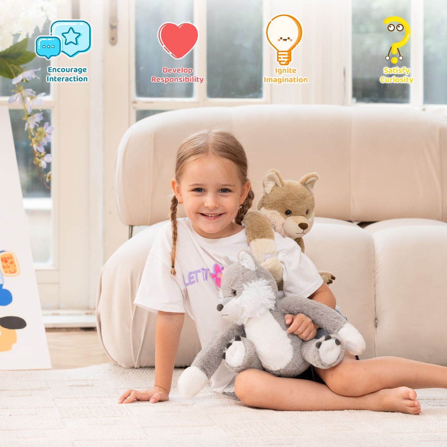 Child sitting on a couch holding plush toys with educational icons above.