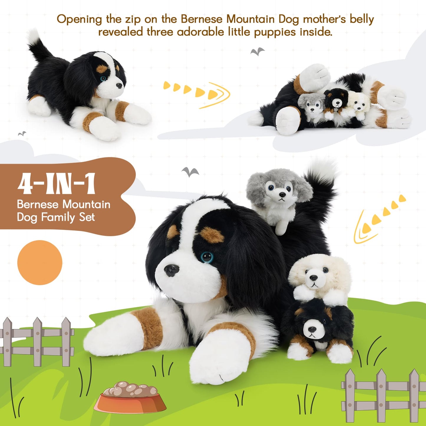 Large Bernese Mountain Dog plush toy with adorable mini puppies detailed realistic design cuddly stuffed dog for children bedroom decoration and gift giving