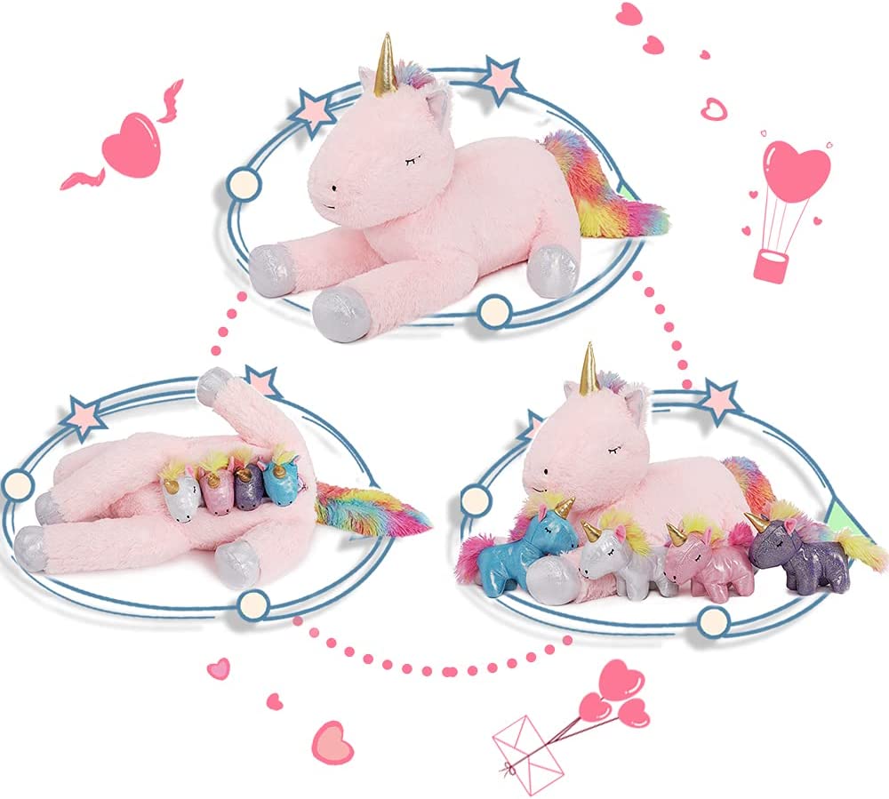Unicorn Stuffed Animals - Big Unicorn Plush Toys for Children - Unicorn Cartoon Plush Pillows - Pink 24 Inches Unicorn Plushies - Stuffed Animal Babies with Their Mom - Stuffed Animals with Babies in the Belly - Birthday/Christmas/Valentine's Day Gift for Girls
