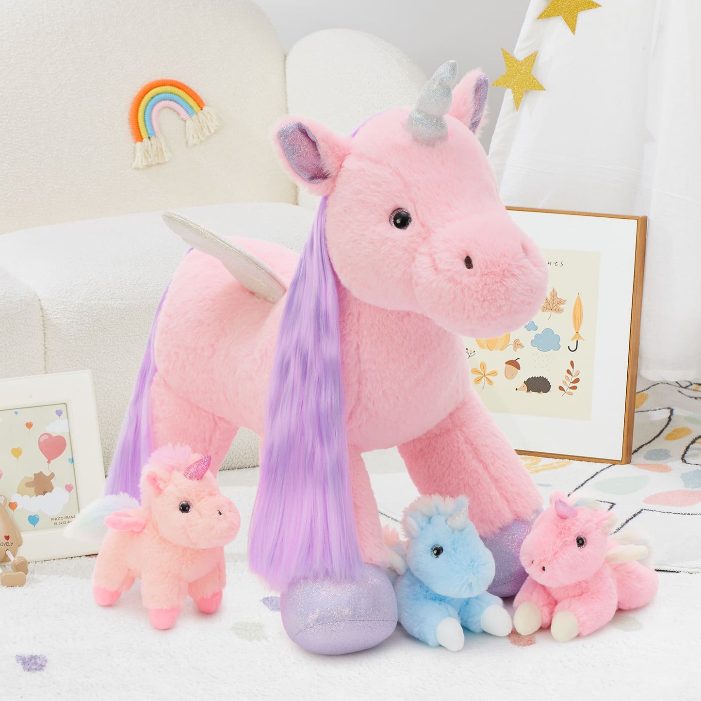 Plush unicorn stuffed animal with three small baby plush toys inside its belly, soft and colorful, perfect for kids and gifts