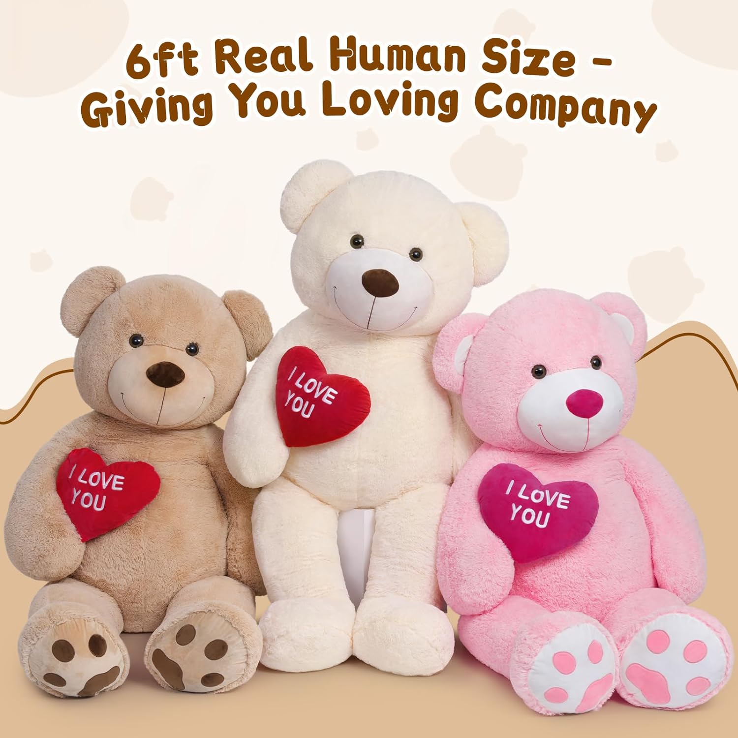 Giant Teddy Bear Plush Toy, Brown/Beige/Pink, 35.4/51/72 Inches