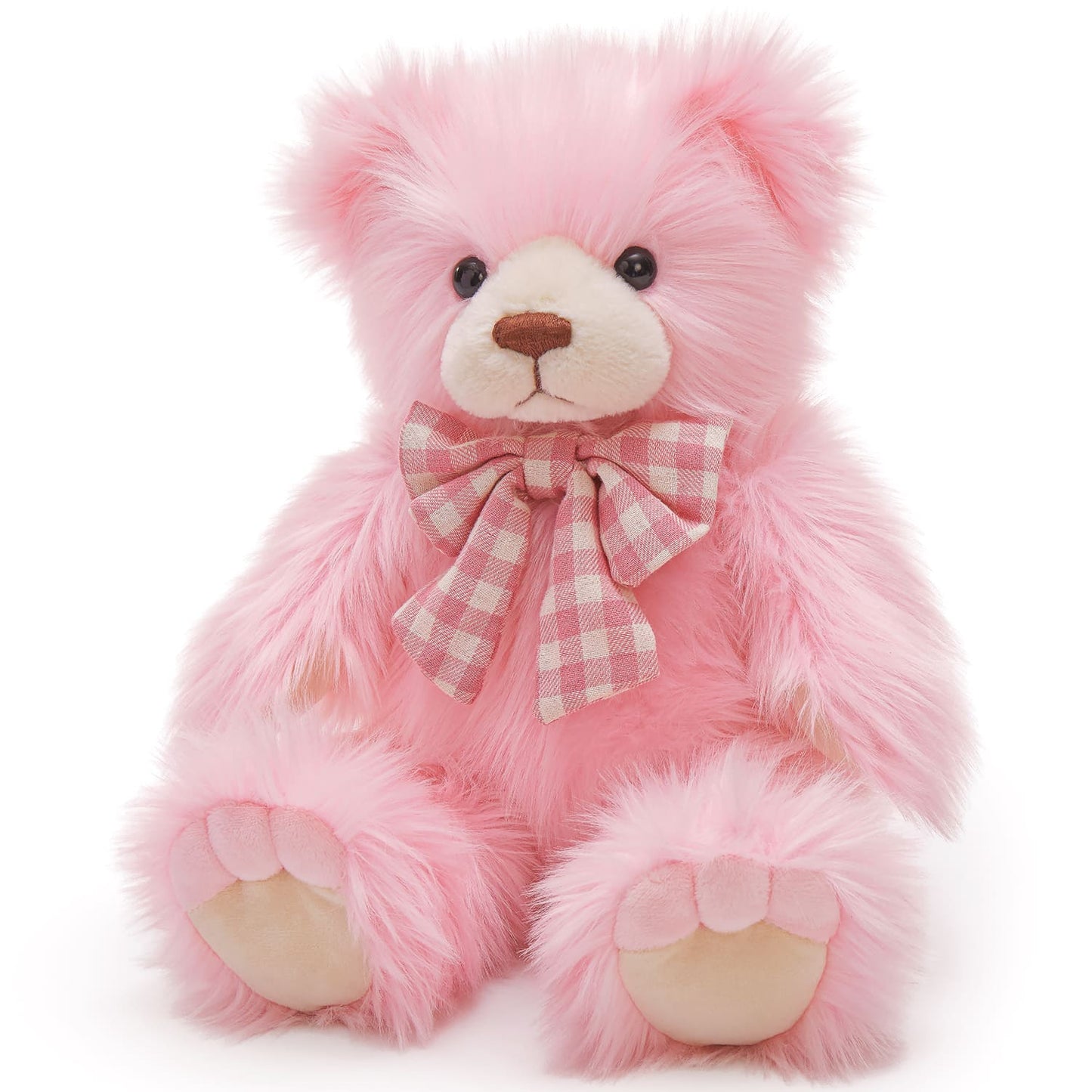 14-Inch Pink Plush Teddy Bear with A Checkered Bow Tie