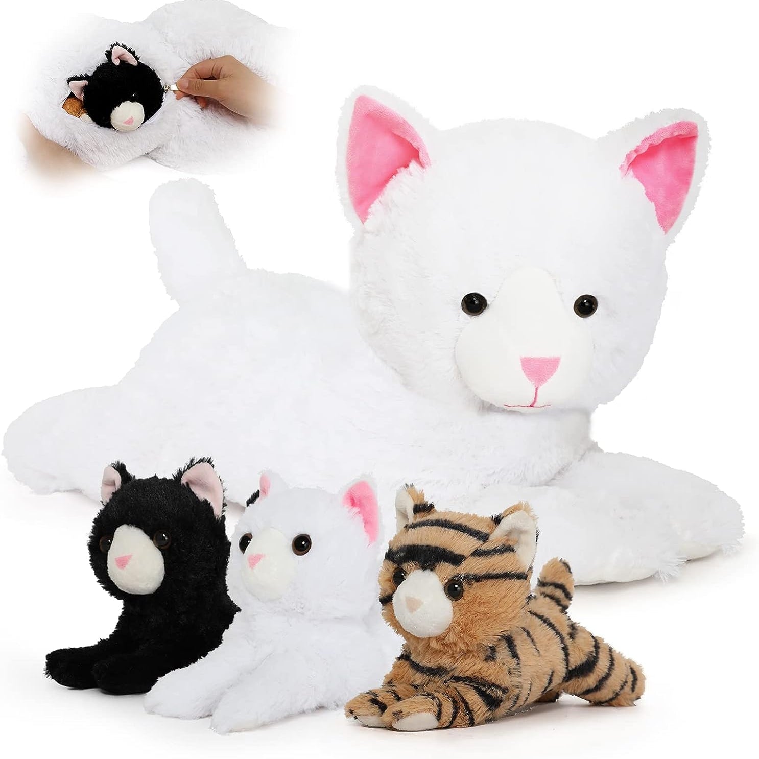 Lifelike White Cat Plush Toys - Realistic White Cat Plush Dolls - Stuffed Kitten Babies with Their Mom - Stuffed Animals With Babies in the Belly - Cute Kitten Stuffed Toys - Cute Gift for Children