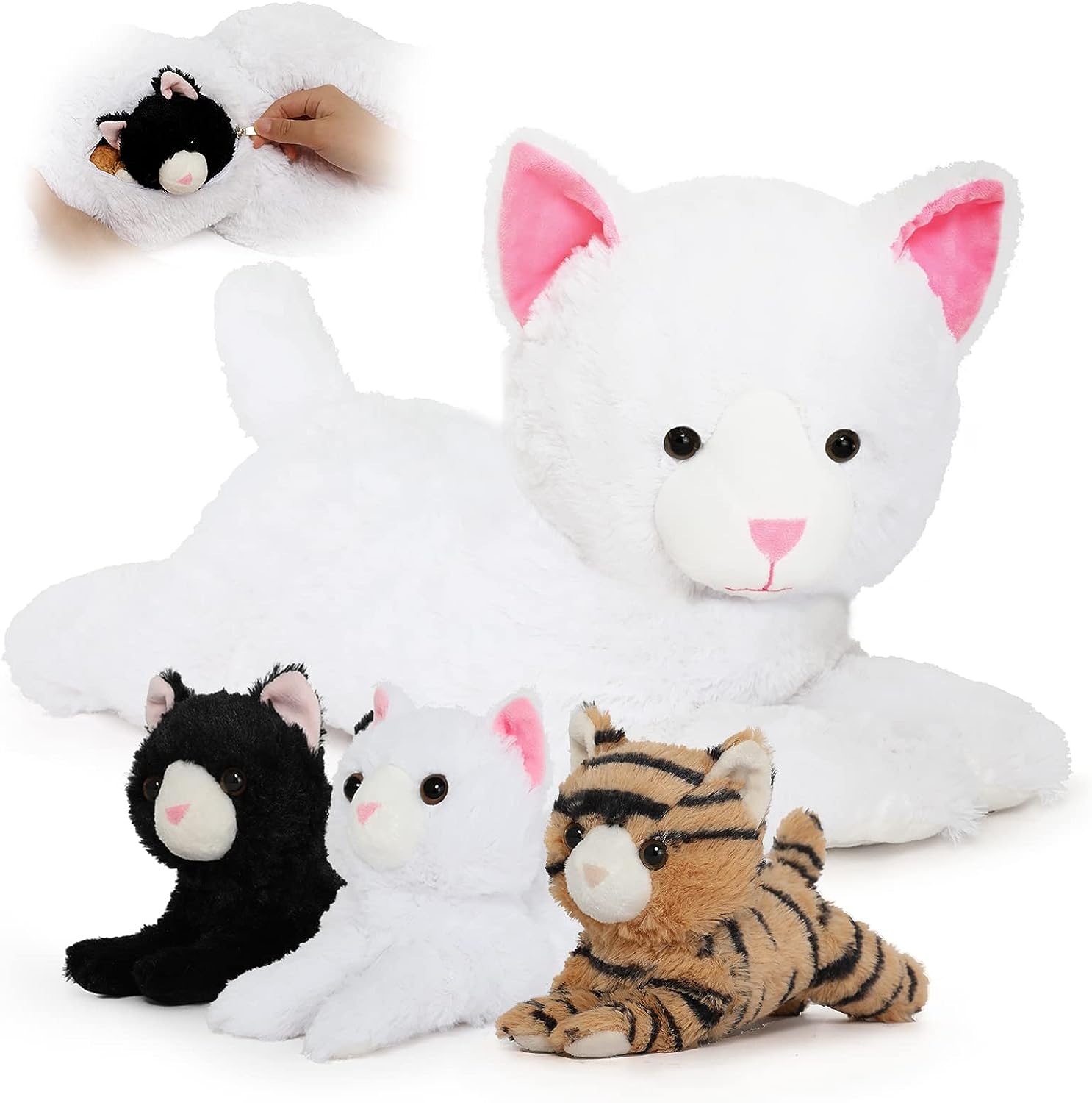 Lifelike White Cat Plush Toys - Realistic White Cat Plush Dolls - Stuffed Kitten Babies with Their Mom - Stuffed Animals With Babies in the Belly - Cute Kitten Stuffed Toys - Cute Gift for Children