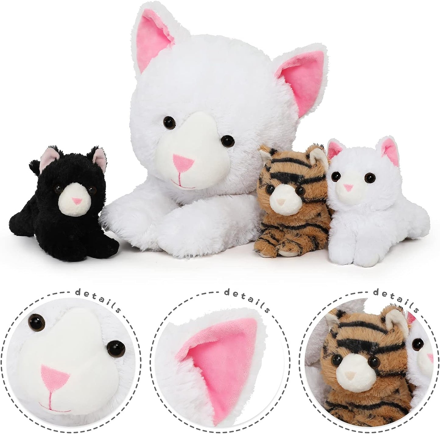 Lifelike White Cat Plush Toys - Realistic White Cat Plush Dolls - Stuffed Kitten Babies with Their Mom - Stuffed Animals With Babies in the Belly - Cute Kitten Stuffed Toys - Cute Gift for Children