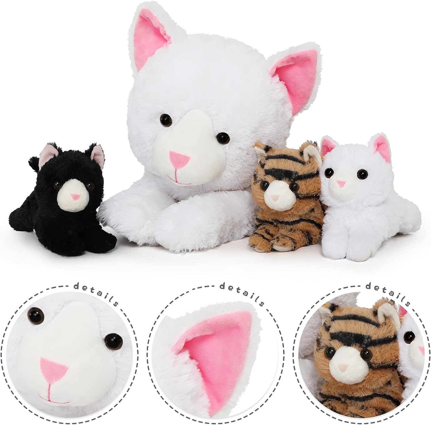 White Cat Stuffed Animals with Three Kittens, 23.6 Inches