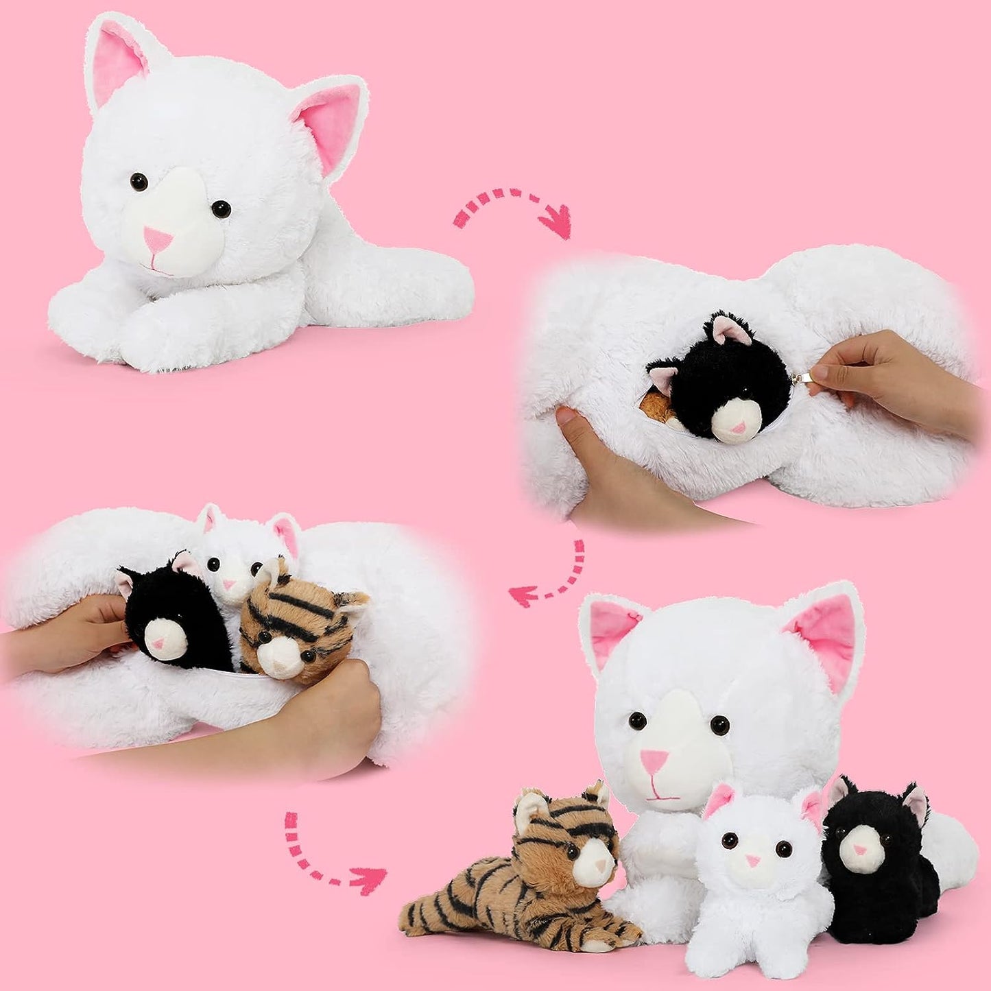 Lifelike White Cat Plush Toys - Realistic White Cat Plush Dolls - Stuffed Kitten Babies with Their Mom - Stuffed Animals With Babies in the Belly - Cute Kitten Stuffed Toys - Cute Gift for Children