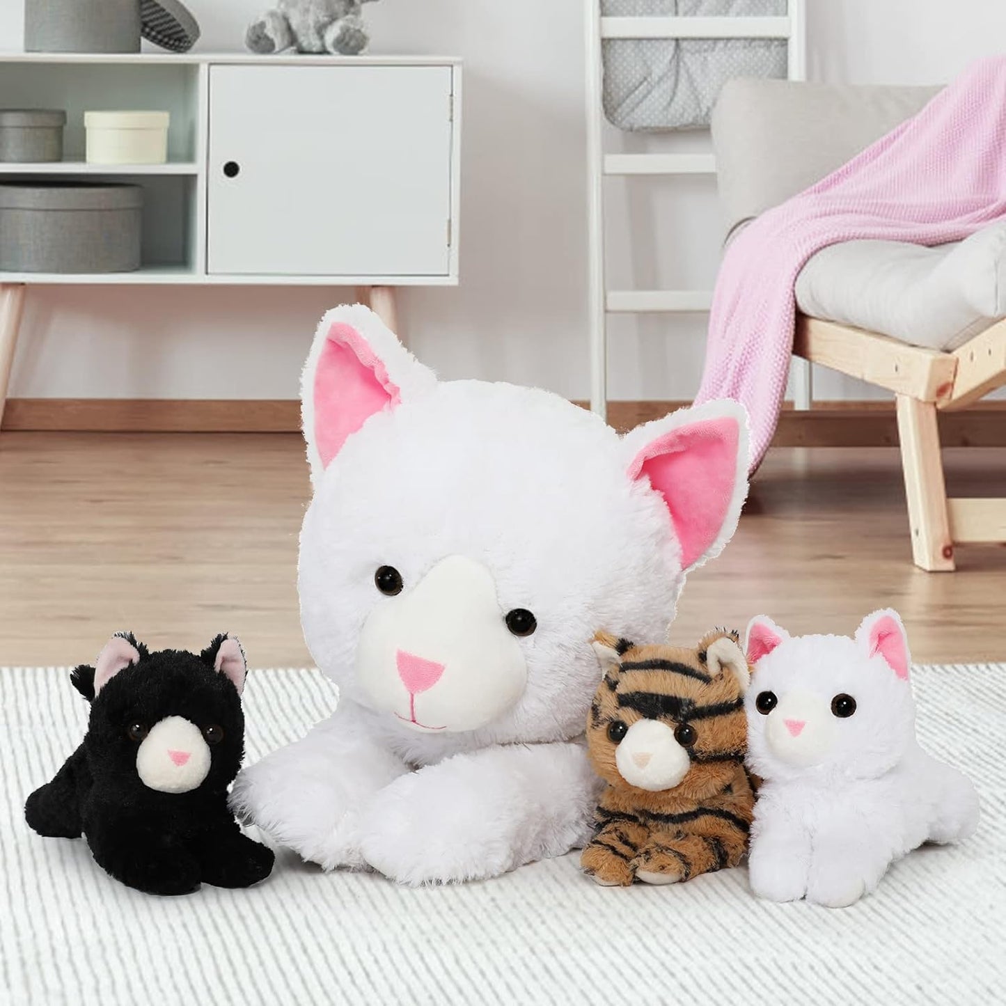 Lifelike White Cat Plush Toys - Realistic White Cat Plush Dolls - Stuffed Kitten Babies with Their Mom - Stuffed Animals With Babies in the Belly - Cute Kitten Stuffed Toys - Cute Gift for Children