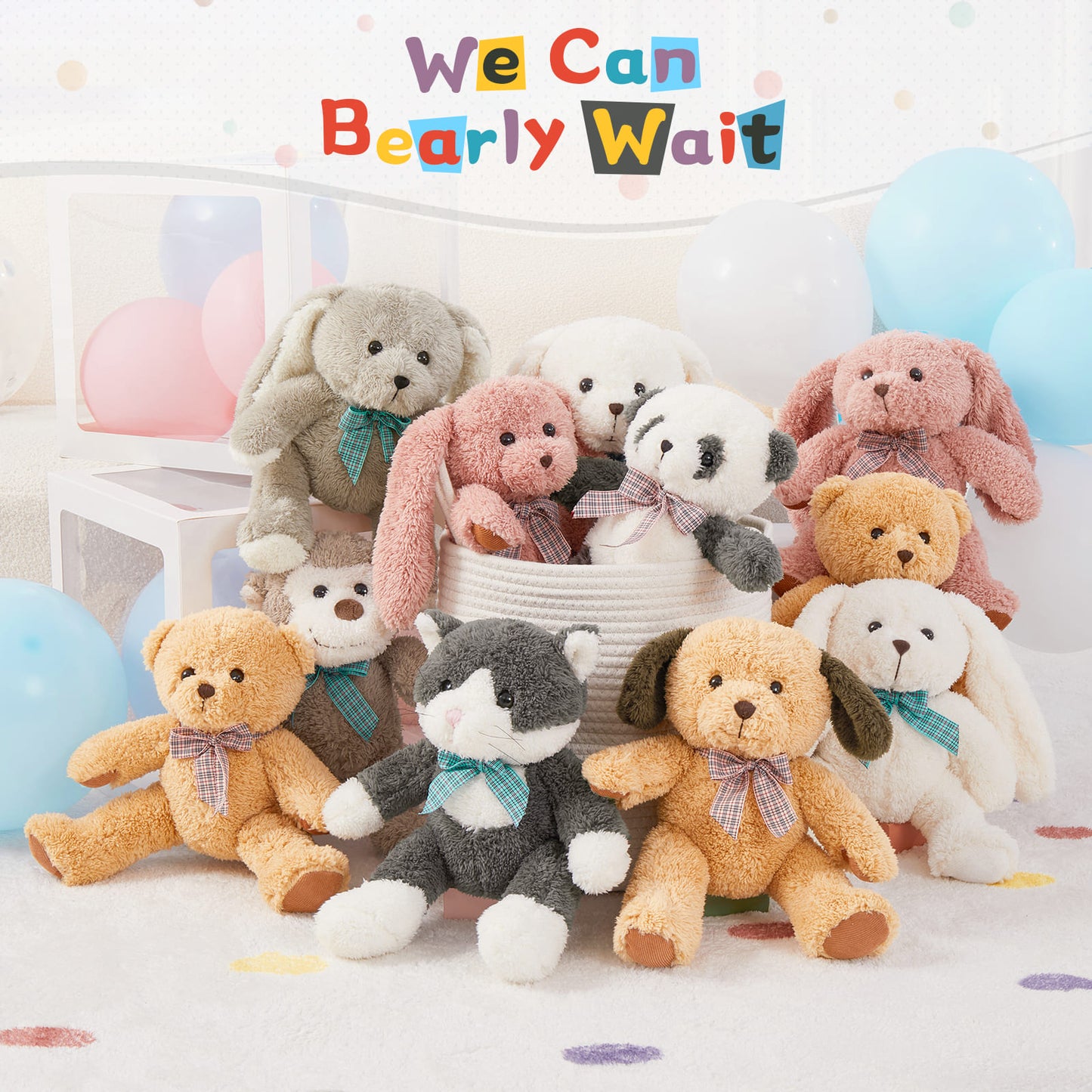 11 Packs 12 Inch Animal Plush Toy Assortment - Baby Shower Centerpiece Decoration - Small Stuffed Animal Bulk for Kids, Carnival Prizes, School Gifts, Valentine's Day Party Favors - Panda Bunny Monkey Teddy Bear Cat Dog Plush Doll Set