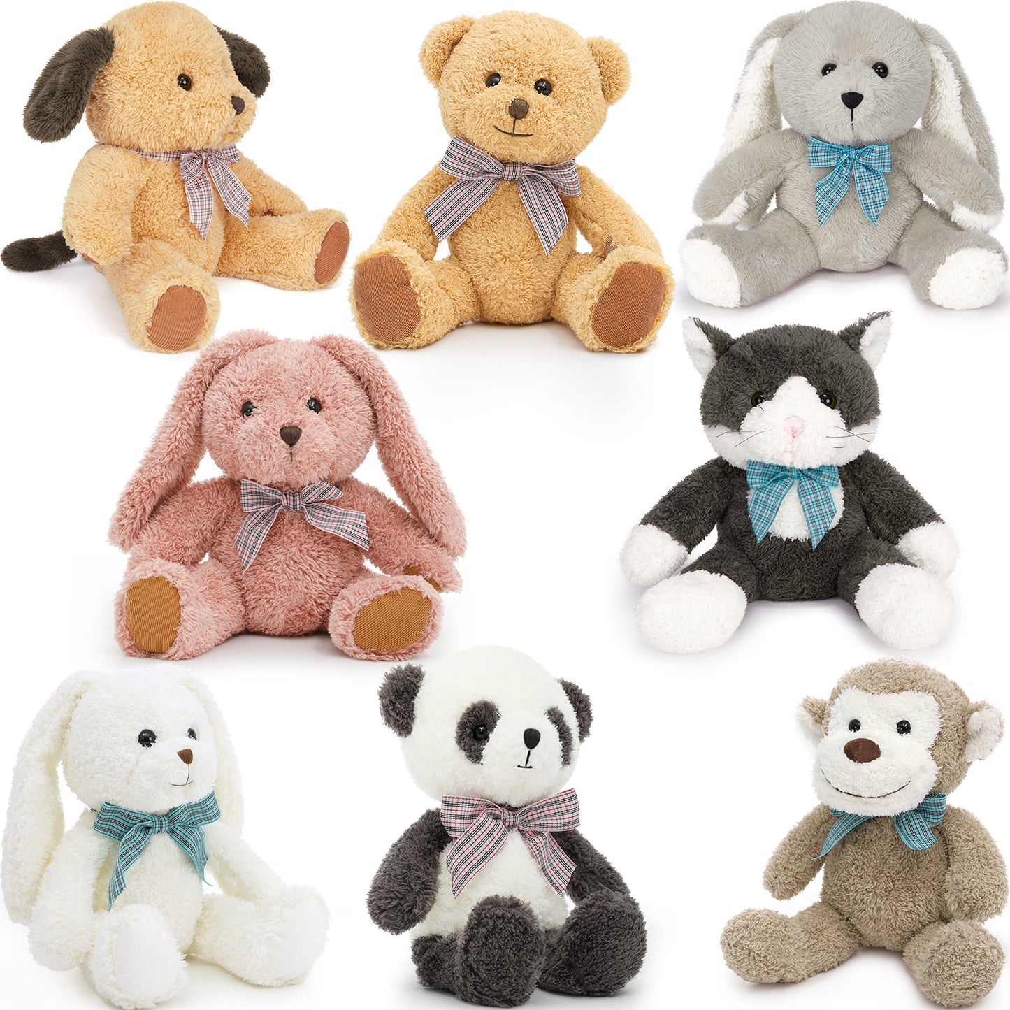 8 Packs 12 Inch Animal Plush Toy Assortment - Baby Shower Centerpiece Decoration - Small Stuffed Animal Bulk for Kids, Carnival Prizes, School Gifts, Valentine's Day Party Favors - Panda Bunny Monkey Teddy Bear Cat Dog Plush Doll Set