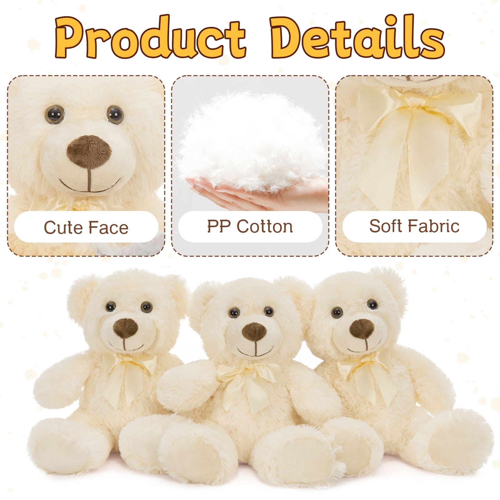 3-Pack Beige Teddy Bear Plush Toy Set 13.8 Inch