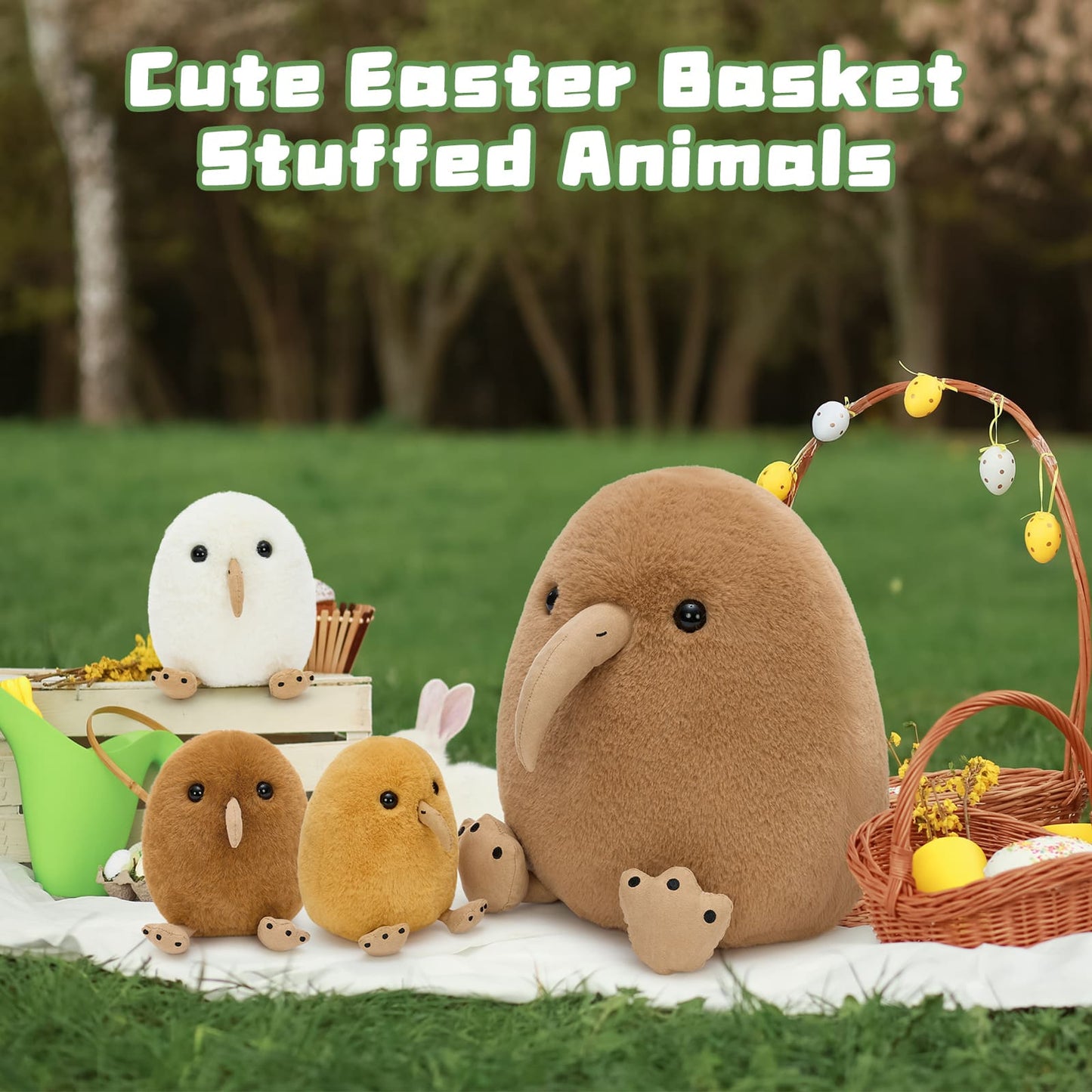 Cute Easter basket stuffed animals on a grassy background with text 'Cute Easter Basket Stuffed Animals'.
