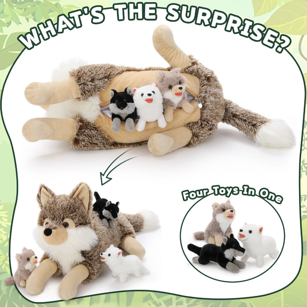 Wolf Stuffed Animals with Babies Inside the Belly - Jungle Safari Stuffed Animals - Zoo Souvenirs - Jungle Theme Party Favors - Free Shipping Now