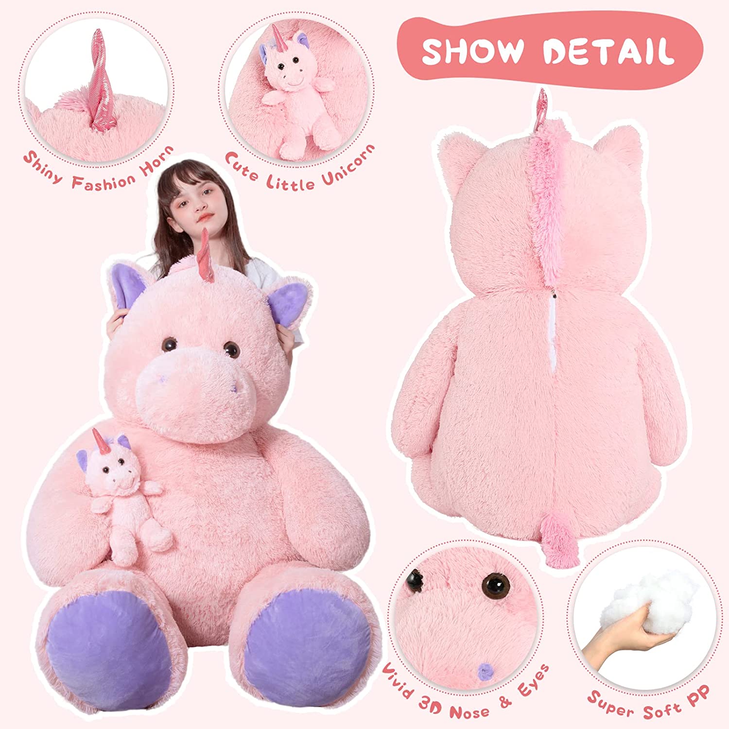 Giant Unicorn Stuffed Animal Toy, Pink, 51 Inches