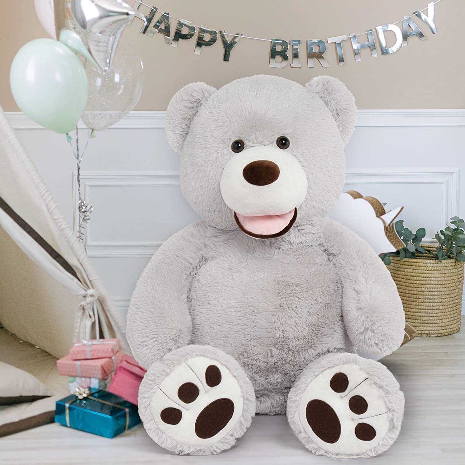 Giant Teddy Bear Plush Toys - Grey Teddy Bear Plush Dolls - Smiling Teddy Bear Stuffed Animals - Valentine's Day Teddy Bear Plushies - Teddy Bear Theme Baby Shower - We Can Bearly Wait Baby Shower Decor