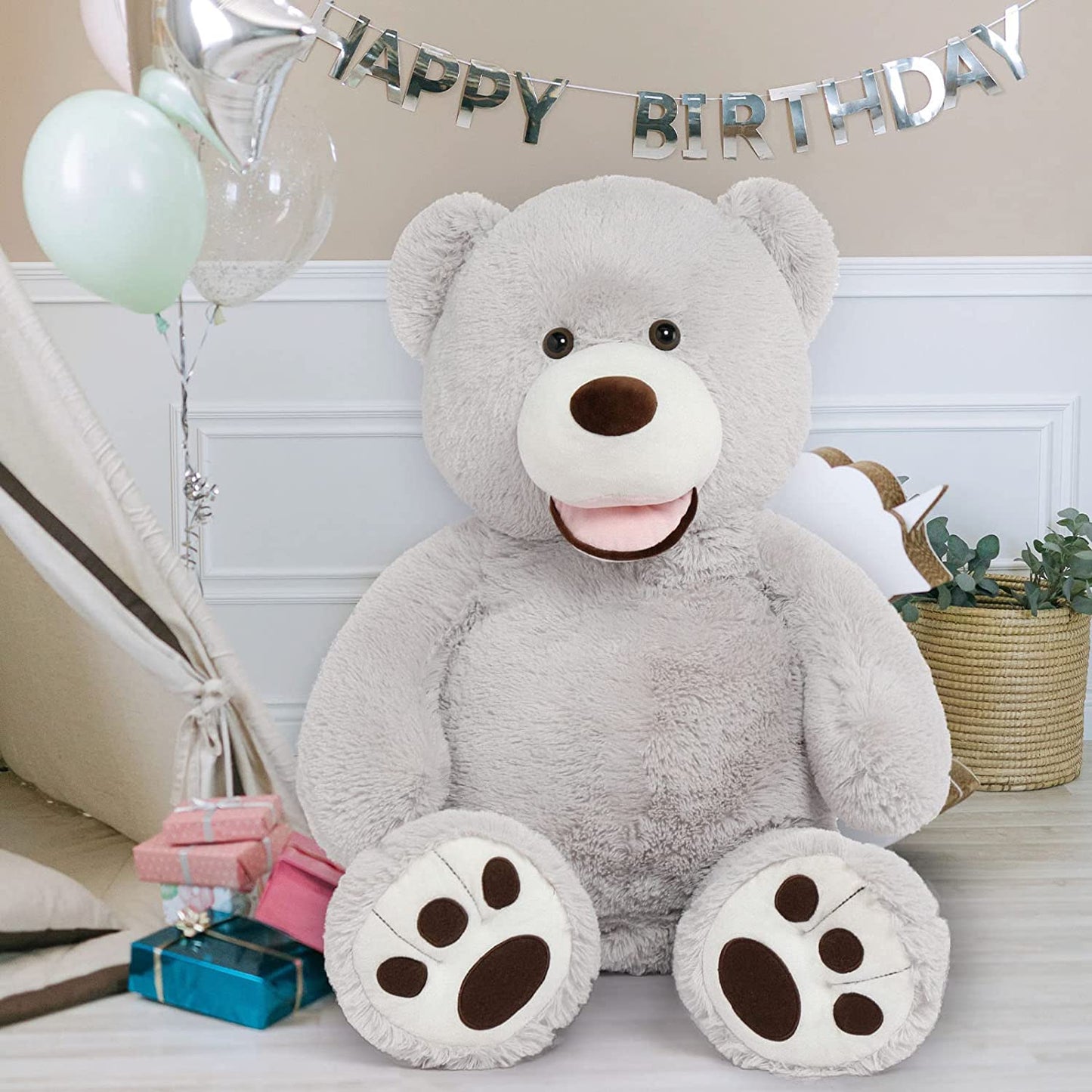 Giant Teddy Bear Plush Toys - Grey Teddy Bear Plush Dolls - Smiling Teddy Bear Stuffed Animals - Valentine's Day Teddy Bear Plushies - Teddy Bear Theme Baby Shower - We Can Bearly Wait Baby Shower Decor